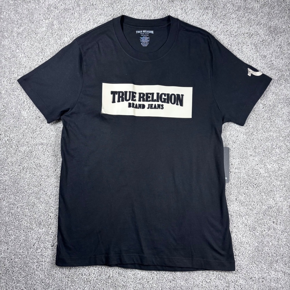 True Religion Brand Jeans Embossed Box Arch SS Tee T-Shirt Black‎ Mens Large